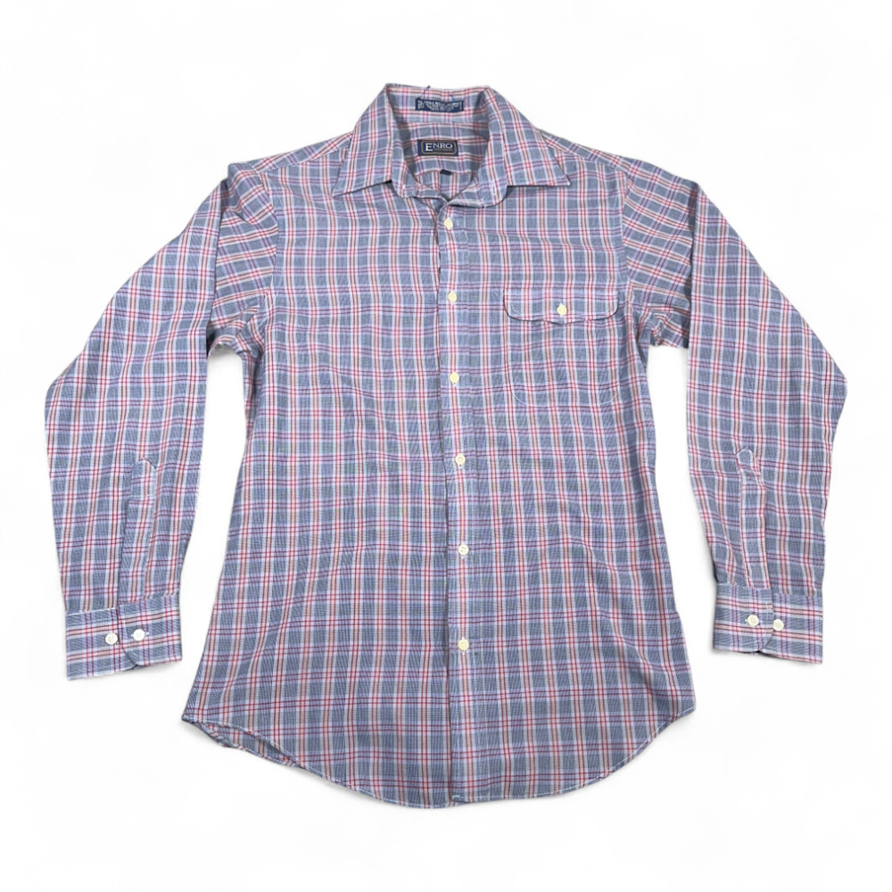 Vintage Enro Sportswear Shirt Adult SMALL Purple Plaid Polyester Cotton 80s